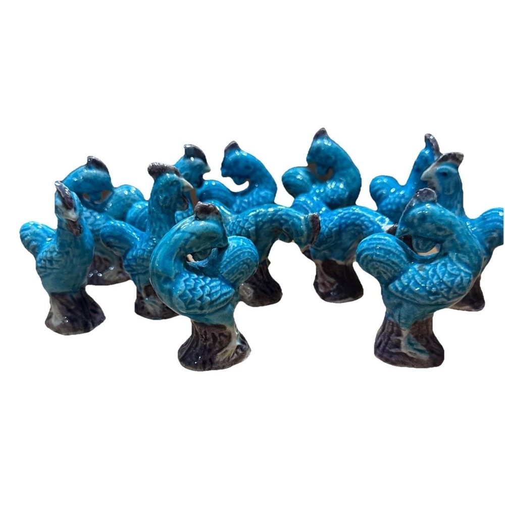 12 Vintage  Chinese Porcelain Blue Turquoise Purple Mud Rooster Figurine Chicken